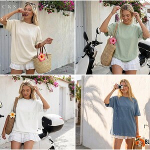 May include: Four images showcasing oversized t-shirts in ivory, bay, white, and blue jean colors. Each shirt is paired with a white skirt. The text "MOCKS BY ROSE" is visible in each image. The ivory shirt has the text "IVORY" below it.