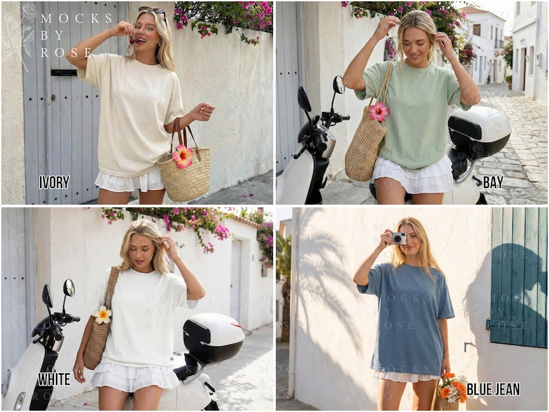 May include: Four images showcasing oversized t-shirts in ivory, bay, white, and blue jean colors. Each shirt is paired with a white skirt. The text "MOCKS BY ROSE" is visible in each image. The ivory shirt has the text "IVORY" below it.