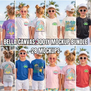 May include: A mockup bundle of children's t-shirts in various colors, including purple, white, and blue. The shirts feature front and back designs with text and graphics. The text "BELLA CANVAS 3001Y MOCKUP BUNDLE -28 MOCKUPS-" is displayed.