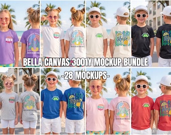 Paquete de maquetas de camisetas juveniles Bella Canvas 3001Y (parte delantera y trasera), maqueta de camiseta infantil de verano para la playa (descarga digital)