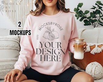 Gildan 18000 LIGHT PINK Sweatshirt Mockup Light Pink Sweater Boho Flat Lay Folded Mockup Trendy Aesthetic Gildan 18000 Sweatshirt Mockup