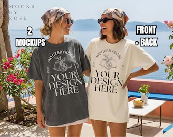 Comfort Colors Pepper and Ivory 1717 T-shirt Front Back Mockups, Summer Beach Girls Group Shirt Mockup, Party Bachelorette Tshirt Mock-up