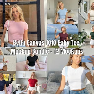 Paquete de maquetas de camiseta de bebé Bella Canvas 1010 de microcanalé para mujer, maqueta de camiseta vintage de bebé de moda, maquetas de camisa corta Bella Canvas de estilo de vida