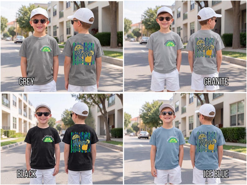 May include: A collection of children's t-shirts in various colors, including grey, black, and blue. Each shirt features a graphic design on the front and back, with the word "Rose" and a lime design. The shirts are displayed on young children.