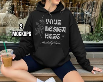 Gildan 18500 BLACK Hooded Sweatshirt Mockup Black Hoodie Model Mockup Aesthetic Trendy Lifestyle Mockup Gildan 18500 Hoodie Mockup