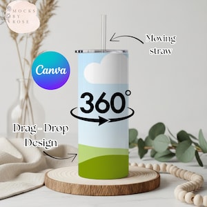 Puede incluir: Un vaso cilíndrico con un diseño de cielo y nubes, una pajita móvil y el texto "360°". El vaso tiene un diseño de paisaje verde y azul y la palabra "Canva" en un círculo.
