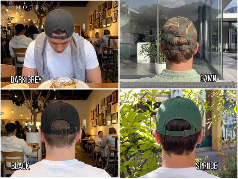 May include: Four baseball caps in different colors: dark grey, camo, black, and spruce green. Each cap has a curved brim and an adjustable metal buckle closure at the back. The caps are shown from the back, with the text "DARK GREY", "CAMO", "BLACK", and "SPRUCE" below each.