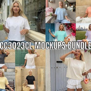 May include: A collection of women's t-shirt mockups in various colors, including white, blue, and beige. The image features multiple women wearing different colored t-shirts. The text "CC3023CL MOCKUPS BUNDLE" is displayed.