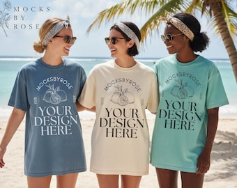 Comfort Colors Blue Jean Ivory Seafoam 1717 T-shirt Mockups, Summer Beach Girls Group Shirt Mockup, Oversized Bachelorette Party Tshirt Mock