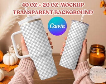 May include: Two tumblers with transparent backgrounds are held in hands. One is a 1.18 litre tumbler with a handle, and the other is a 591 ml tumbler. Both have a white lid and straw. The text "40 OZ + 20 OZ MOCKUP TRANSPARENT BACKGROUND" is at the top.