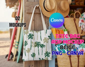 BEIGE Tote Bag All Over Print Canva Transparent PNG Mockup | Summer Coastal Beach AOP Tote Bag Mockups | Lifestyle Model Tote Bag Mock-ups