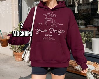 Gildan 18500 MAROON Hooded Sweatshirt Mockup Maroon Red Hoodie Model Mockup Aesthetic Trendy Lifestyle Gildan 18500 Hoodie Mockup