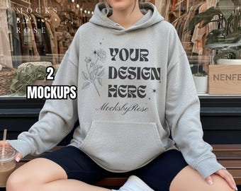 Gildan 18500 SPORT GREY Hooded Sweatshirt Mockup Sport Grey Hoodie Model Mockup Aesthetic Trendy Lifestyle Mockup Gildan 18500 Hoodie Mockup