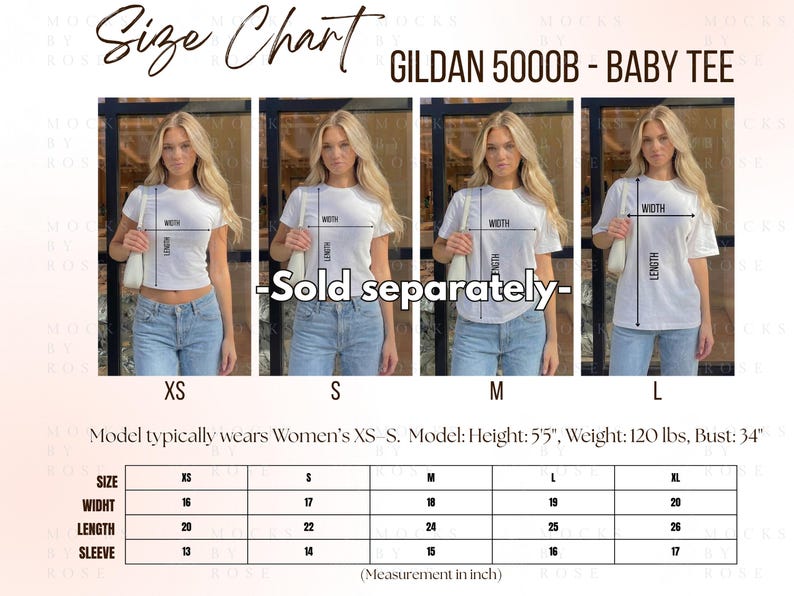 May include: A size chart for a Gildan 5000B baby tee, with measurements in inches. The chart includes sizes XS to XL, with width, length, and sleeve measurements. The model typically wears XS-S. The model is 5'5", weighs 120 lbs, and has a 34" bust.