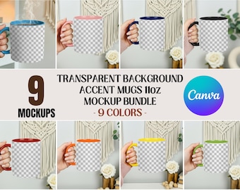 May include: A mockup bundle of 11oz accent mugs in nine colours, each with a transparent background. The mugs have coloured handles and interiors. The image includes the text "TRANSPARENT BACKGROUND ACCENT MUGS 11oz MOCKUP BUNDLE - 9 COLORS -" and the Canva logo.