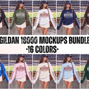 May include: A bundle of Gildan 18000 crewneck sweatshirts in 16 different colours, each featuring the text MOCKSBYROSE on the chest and down the sleeve. The sweatshirts are worn with a white pleated skirt and a dark baseball cap.