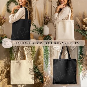 May include: Four cotton canvas tote bags in black and cream colors are displayed. The bags are held by a person. The text "COTTON CANVAS TOTE BAG MOCKUPS" is visible. The background includes decorative elements.