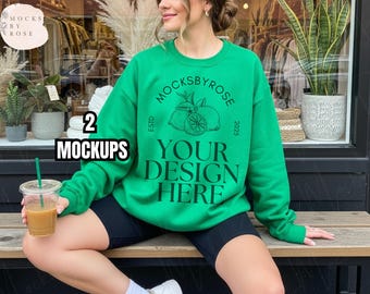 Maquette de sweat-shirt vert irlandais Gildan 18000 Maquette de pull vert Gildan, esthétique, mode de vie tendance, maquette 18000 Printify col rond 18000