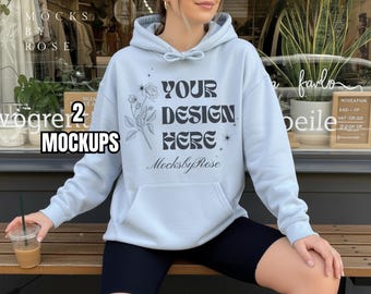 Gildan 18500 LIGHT BLUE Kapuzen-Sweatshirt Mockup Light Blue Hoodie Model Mockup Aesthetic Trendy Lifestyle Mockup Gildan 18500 Hoodie Mockup