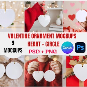 Puede incluir: Maquetas de adornos de San Valentín con formas de corazón y círculo. La imagen muestra nueve maquetas, con un enfoque en los formatos PSD y PNG. Los adornos son blancos y tienen una cuerda dorada para colgar.