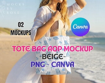 BEIGE Tote Bag All Over Print Canva Transparent PNG Mockup | Summer Coastal Beach AOP Tote Bag Mockups | Lifestyle Model Tote Bag Mock-ups