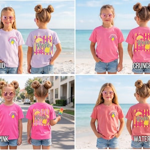 May include: Four different colored t-shirts, each with a front and back view. The shirts are orchid, crunchberry, neon pink, and watermelon. Each shirt has a graphic on the front and back. The back graphic says "Rose".