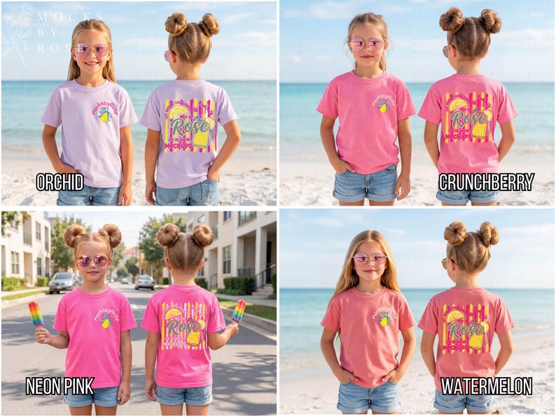 May include: Four different colored t-shirts, each with a front and back view. The shirts are orchid, crunchberry, neon pink, and watermelon. Each shirt has a graphic on the front and back. The back graphic says "Rose".