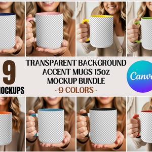 Puede incluir: Un paquete de maquetas de tazas de acento de 15 oz en nueve colores. Cada taza tiene un fondo transparente y un asa e interior de color. La imagen incluye el texto "Transparent Background Accent Mugs 15oz Mockup Bundle - 9 Colors - Canva".