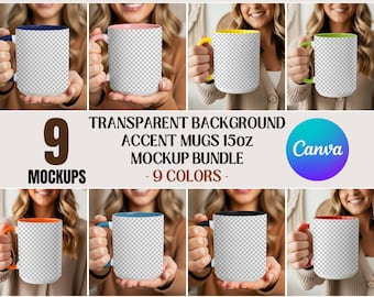 May include: A mockup bundle of 15oz accent mugs in nine colours. Each mug has a transparent background and a coloured handle and interior. The image includes the text "Transparent Background Accent Mugs 15oz Mockup Bundle - 9 Colors - Canva".