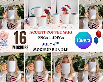 Accent Coffee Mug 11oz & 15oz July 4th Mockups Bundle, Canva PNG White Ceramic Mug Patriotic 4th of July Mockup (Digital Download)