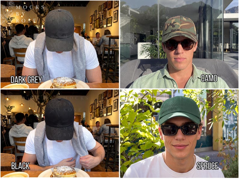 May include: Four baseball caps in dark gray, camo, black, and spruce green. Each cap is shown on a person wearing sunglasses. The caps are made of a soft material and have a curved brim.