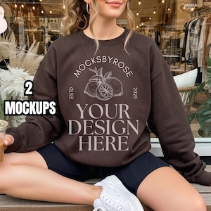 Gildan 18000 Dark Chocolate Sweatshirt Mockup Chocolate Sweater Model Mockup Aesthetic Trendy Lifestyle 18000 Mockup Gildan 18000 Crewneck