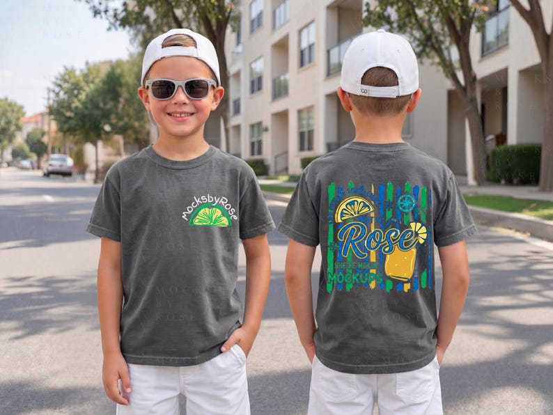May include: Two views of a charcoal gray t-shirt with a white baseball cap. The front of the shirt has a lime graphic and the text "mocksbyRose". The back of the shirt has a cocktail graphic with the text "Rose Summer Mockup".
