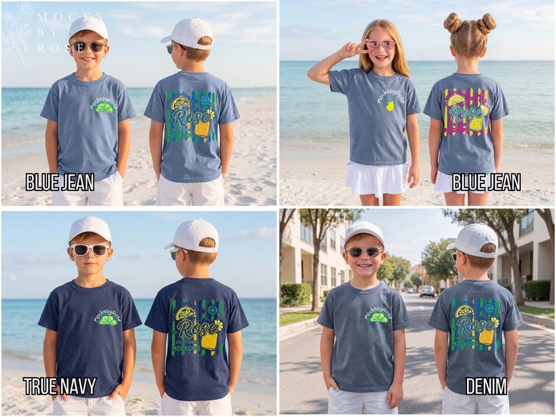 May include: Multiple children's t-shirts in various colors, including blue jean, true navy, and denim. Each shirt features a front pocket design and a larger graphic on the back with text and illustrations. The shirts are displayed on children in front of beach and street backgrounds.