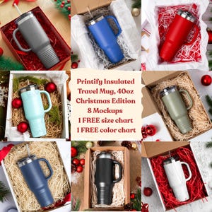May include: A collection of insulated travel mugs in various colors, including gray, blue, red, teal, green, navy, black, and white. Each mug has a handle and a straw, and is packaged in a gift box with decorative filler. The text on the image reads "Printify Insulated Travel Mug, 40oz Christmas Edition".
