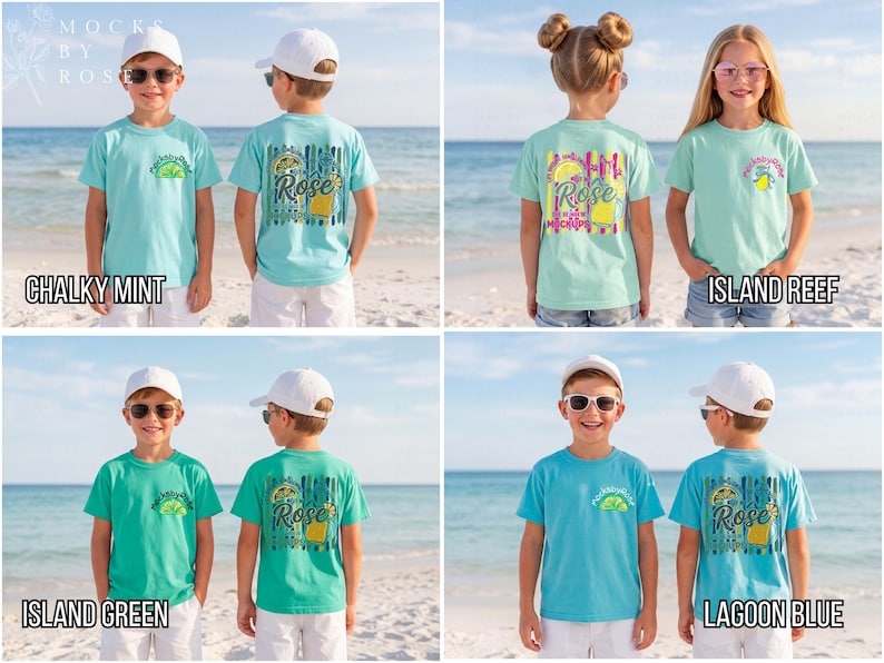 May include: Four children's t-shirts in various colors: Chalky Mint, Island Reef, Island Green, and Lagoon Blue. Each shirt features a front and back design with the word "Rose" and a tropical-themed graphic. The shirts are displayed on a beach setting.