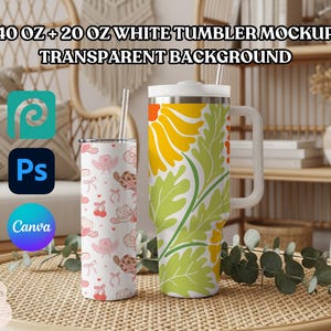 May include: Two white tumblers with straws. One is decorated with a pattern of turtles, bows, and cherries. The other has a yellow and green floral design. The text on the image says "40 OZ + 20 OZ WHITE TUMBLER MOCKUP TRANSPARENT BACKGROUND".