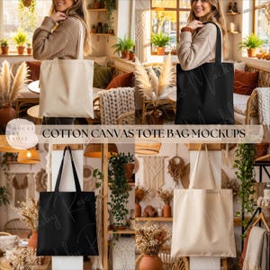 Könnte beinhalten: Ein Mockup-Bild mit vier Baumwoll-Canvas-Tragetaschen in Creme und Schwarz. Die Taschen werden vor dem Hintergrund eines gemütlichen, bohemian-Stil Interieurs mit Pflanzen und natürlichem Licht präsentiert. Der Text "COTTON CANVAS TOTE BAG MOCKUPS" ist sichtbar.