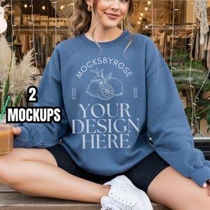 Gildan 18000 Indigo Blue Sweatshirt Mockup Indigo Blue Crewneck Model Mockup Aesthetic Trendy Lifestyle 18000 Mockup Gildan 18000 Sweater