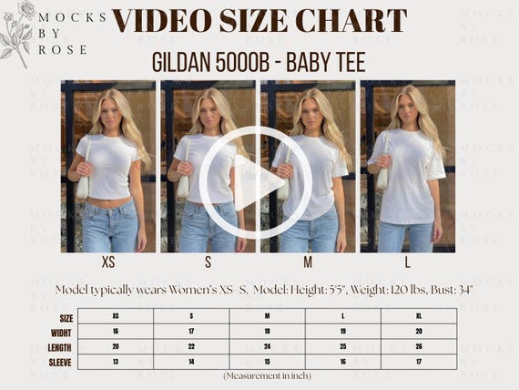 Gildan 5000B Video Size Chart, Gildan 5000b Size Chart, Y2K Baby Tee Mockup, Trendy Baby Tee Video Mockup, Gildan 5000b Youth T-shirt Mockup