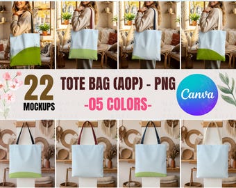 All Over Print Tote Bag Mockups Bundle | Canva Transparent PNG Tote Mockup | Boho Aesthetic AOP Tote Bag Mock-ups