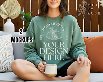 Gildan 18000 Heather Sport Dark Green Sweatshirt Mockup Sweater Crewneck Boho Flat Lay Mockup Trendy Aesthetic Gildan 18000 Sweatshirt