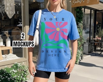 Bella Canvas 3001 HEATHER COLUMBIA BLUE tshirt mockup uniseks jersey korte mouw T-shirt oversized mockup trendy lifestyle shirt mock-up esthetiek