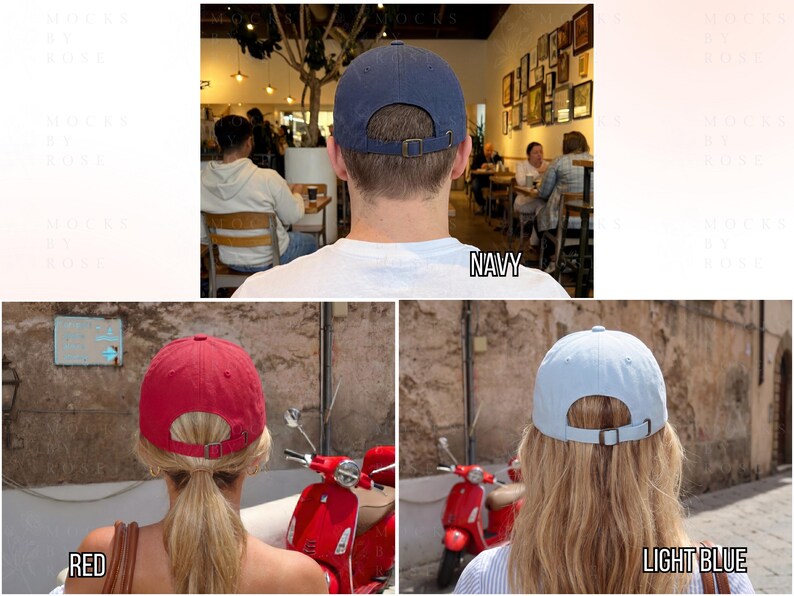 May include: A navy blue, red, and light blue baseball cap. Each cap has a curved brim and an adjustable metal buckle closure on the back. The word "NAVY", "RED", and "LIGHT BLUE" are written below each cap.