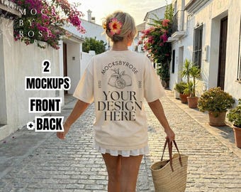 IVORY Comfort Colors 1717 T-shirt Front and Back Mockups, Beach Summer Vacation Shirt Mockup, Bachelorette Party CC1717 Tshirt Mock-ups