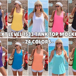 Könnte beinhalten: Eine Auswahl an Next Level 1533 Tanktops in verschiedenen Farben, darunter Marineblau, Gelb, Weiß, Pink und Schwarz. Das Bild zeigt die Tanktops an Models, mit dem Text "-24 COLORS-" und "NEXT LEVEL 1533 TANK TOP MOCKUP".