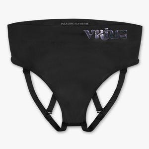 May include: Black seamless underwear with adjustable straps and the text "PLEASURE IS A VIRTUE" and "VRÜE" printed on the front.