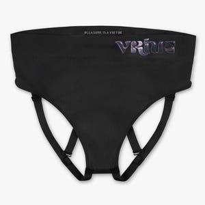 May include: Black ribbed underwear with adjustable straps and the text "PLEASURE IS A VIRTUE" and "VIRTUE" in a stylized font.