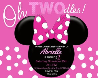 Oh, Twodles Invitation - Custom Digital 2nd Birthday Party Invite, Minnie Mouse Theme.
