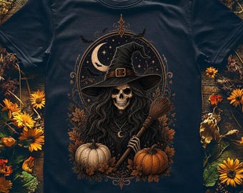 Gothic Skeleton Witch Shirt, Spooky Witchy Vintage Halloween T-Shirt, Celestial Crescent Moon Pumpkin Tee, Dark Cottagecore Aesthetic Gift